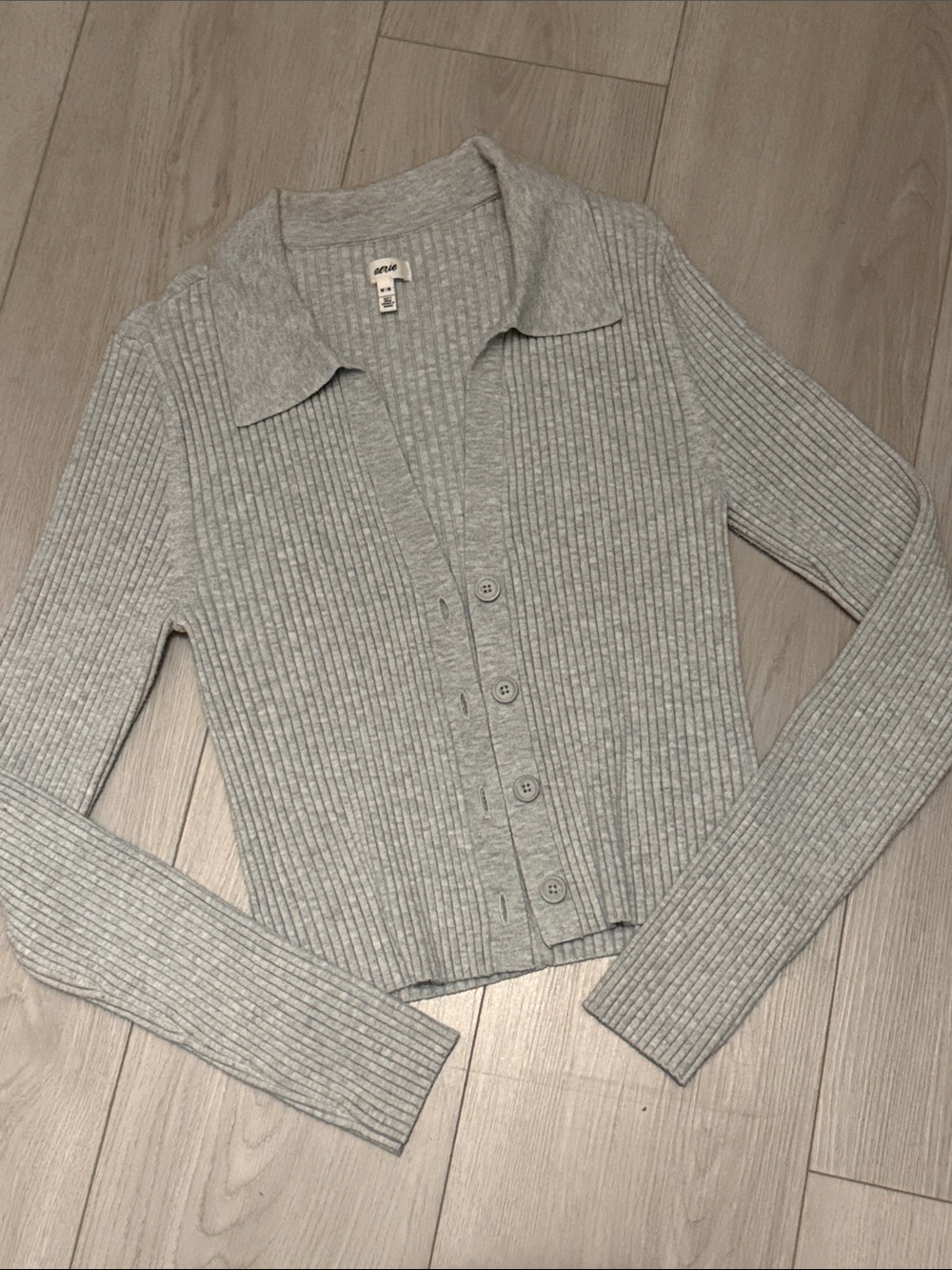 aerie Cropped Ribbed Button-Front Cardigan - Gray